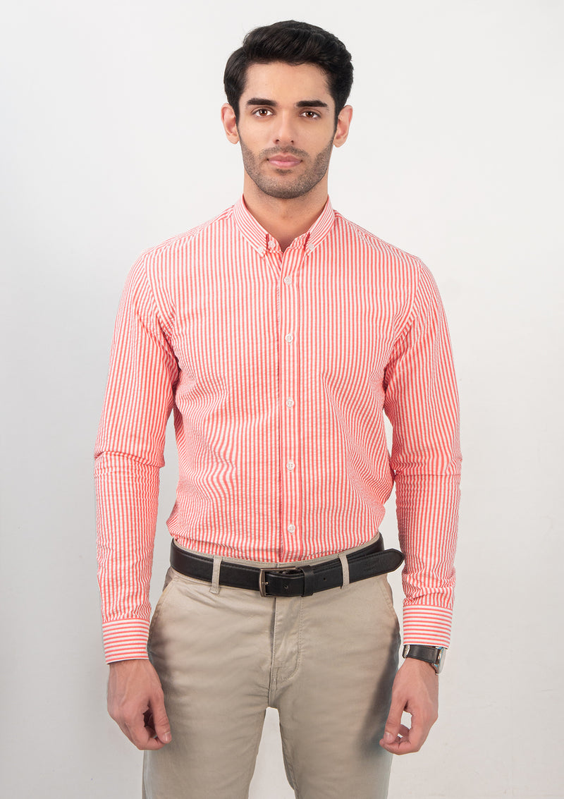 Buttoned Collar Pink & White Striped Shirt - MTO