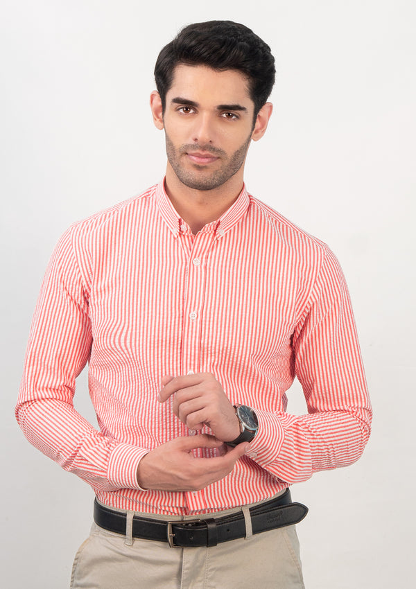 Buttoned Collar Pink & White Striped Shirt - RTW