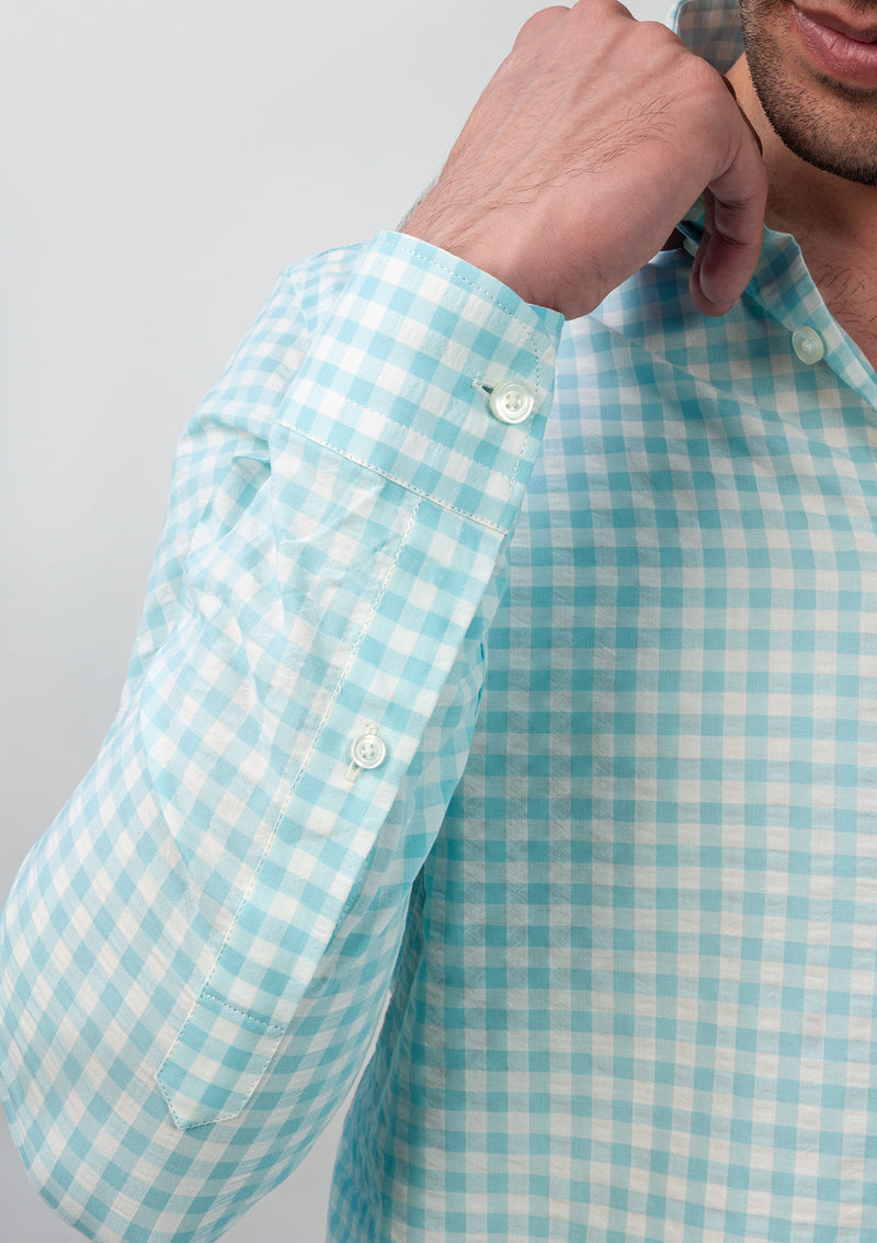 Buttoned Collar Cyan & White Check Shirt - MTO