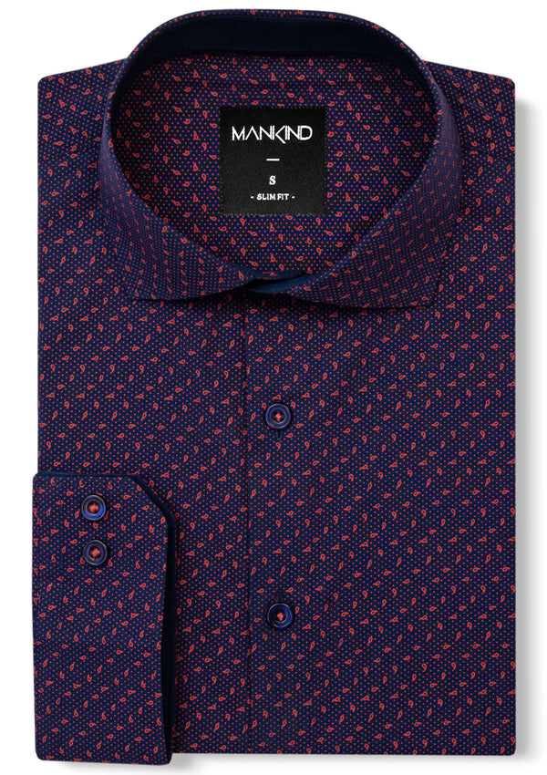 French Collar Navy & Red Printed Shirt - RTW