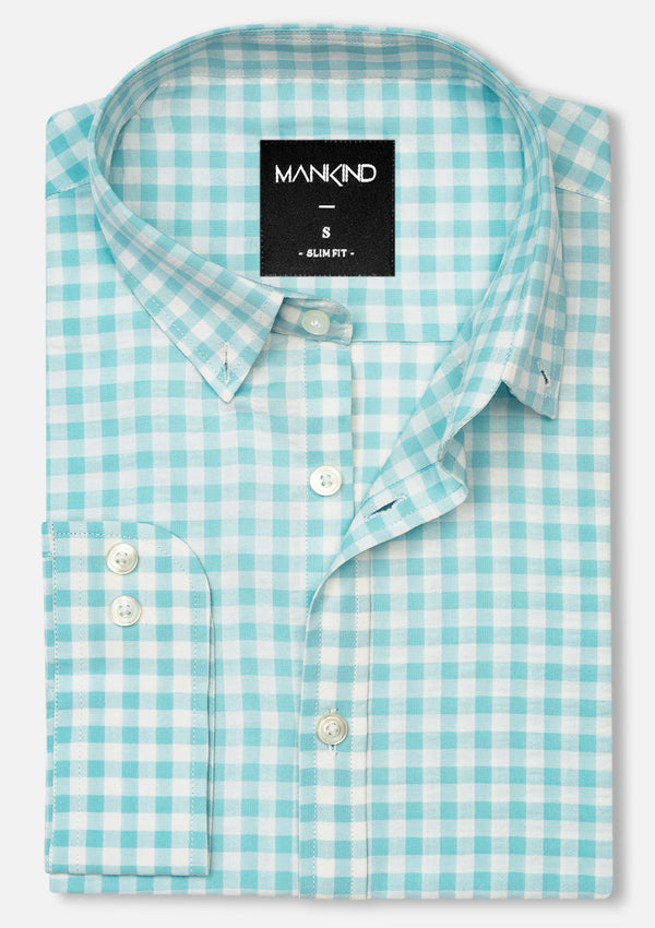 Buttoned Collar Cyan & White Check Shirt - RTW