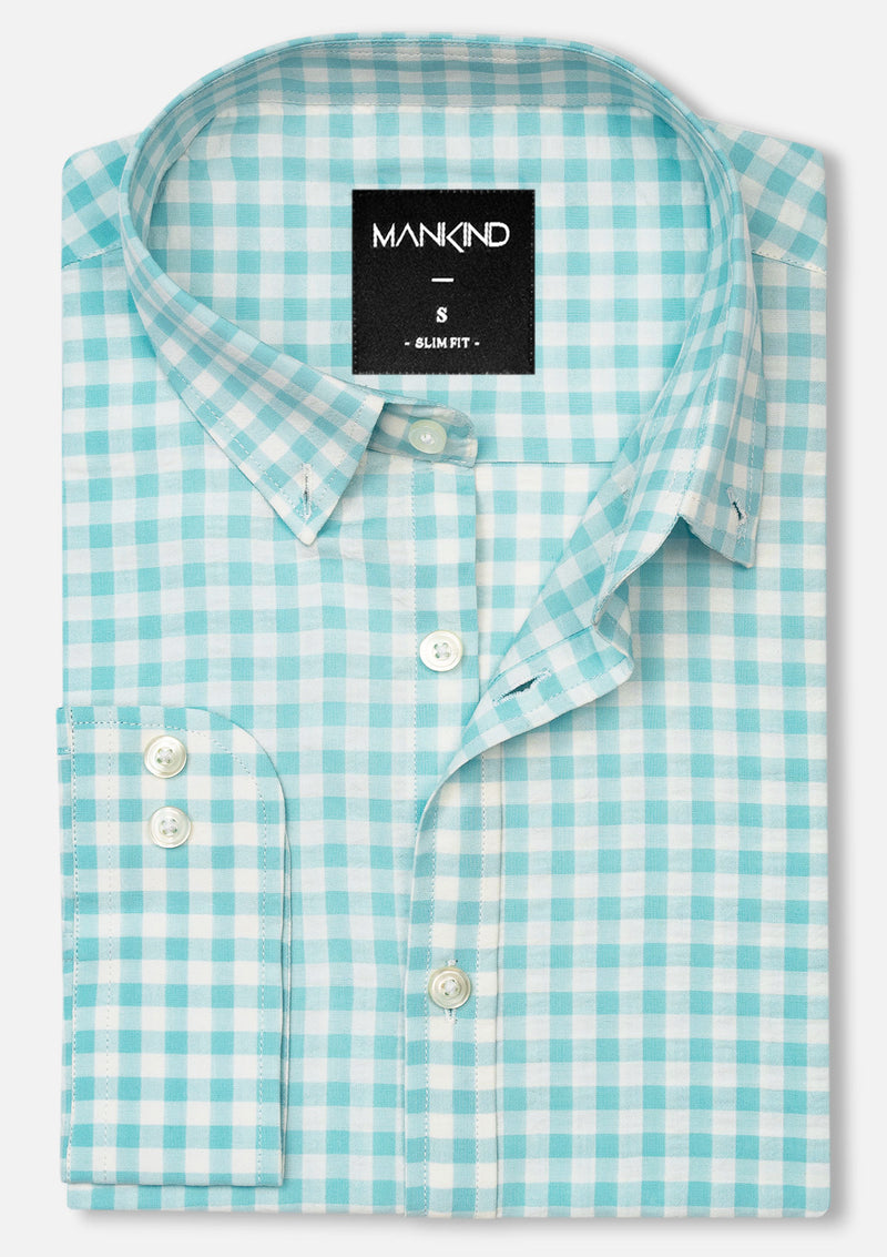 Buttoned Collar Cyan & White Check Shirt - MTO