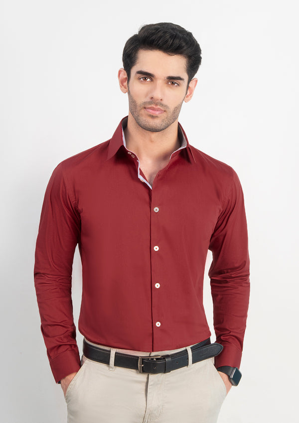 High Collar Plain Maroon Shirt - MTO