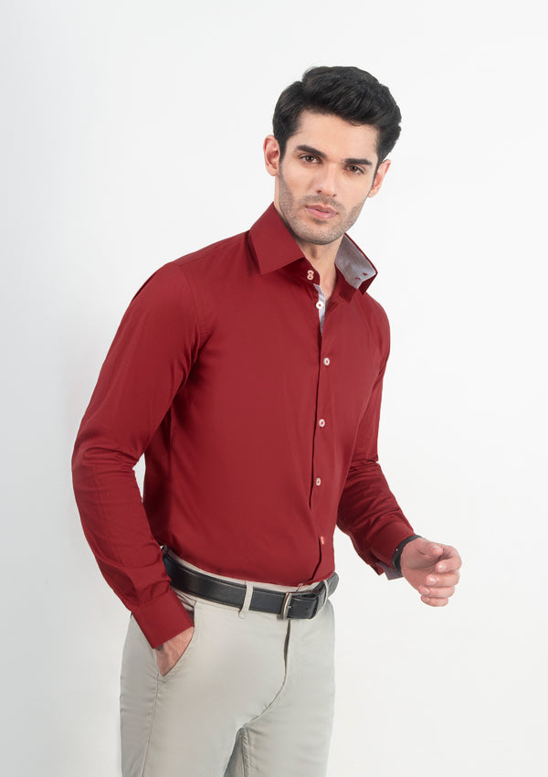 High Collar Plain Maroon Shirt - MTO